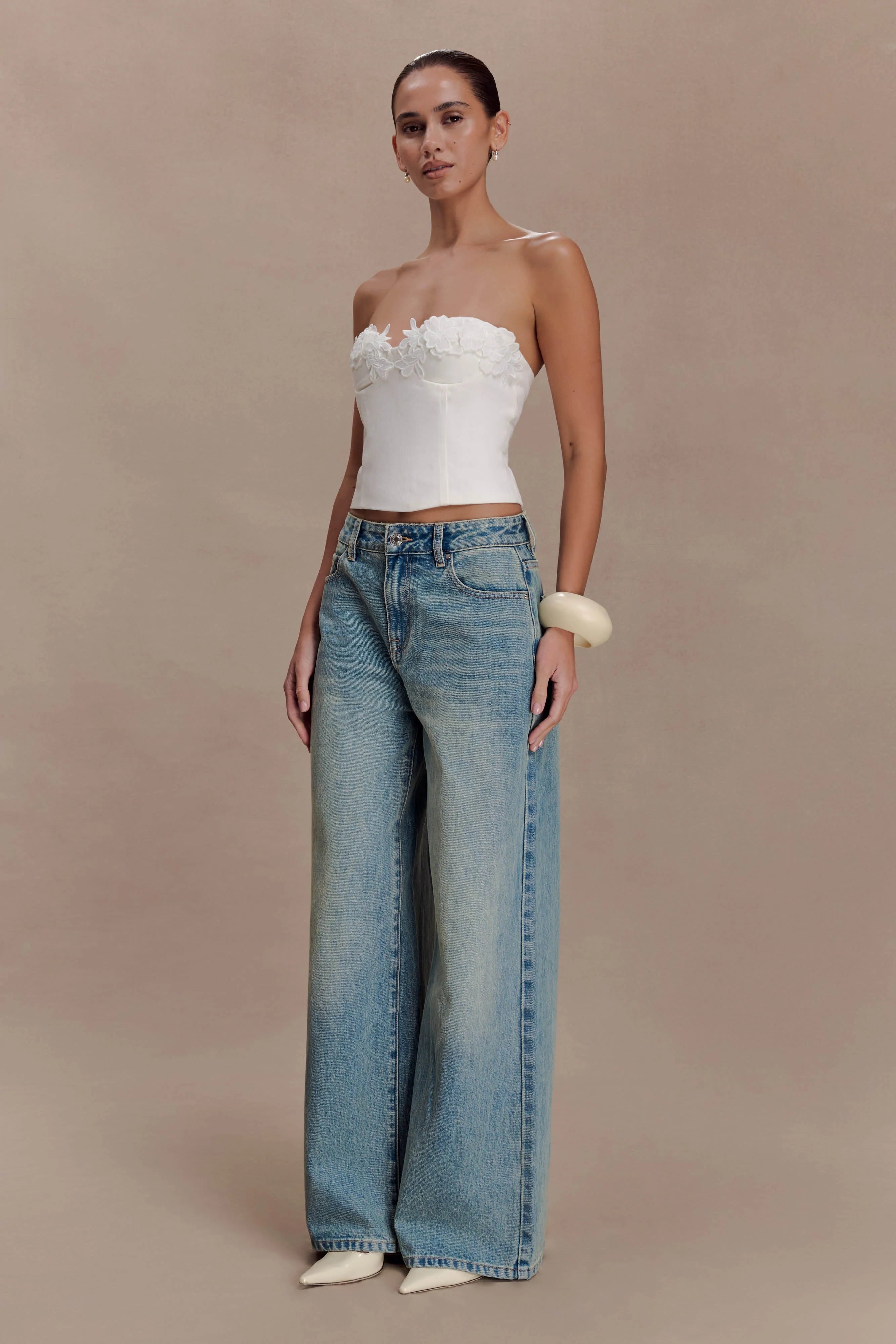 Melany Applique Denim Bustier - White